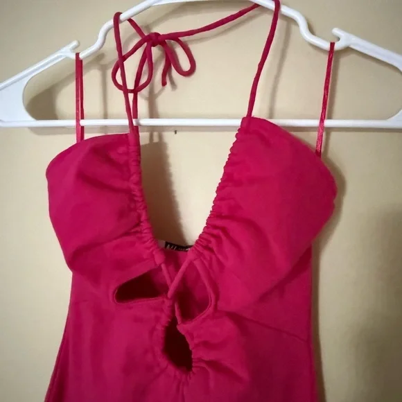 Zara Hot Pink Halter Neck Cut out tie Mini Dress stretch bodycon - Picture 4 of 6